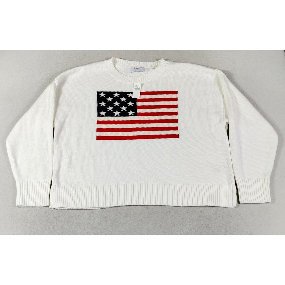 Old Navy Sweater Womens XL White American Flag Knit Crewneck NWT Patriotic